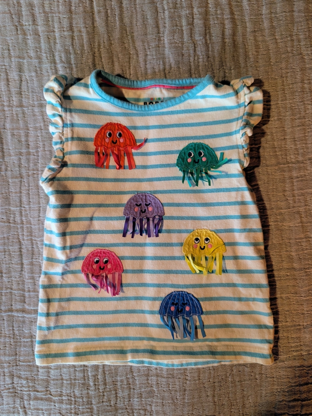 Mini Boden Aqua & White Striped Tee with Colorful Jellyfish 3-4T